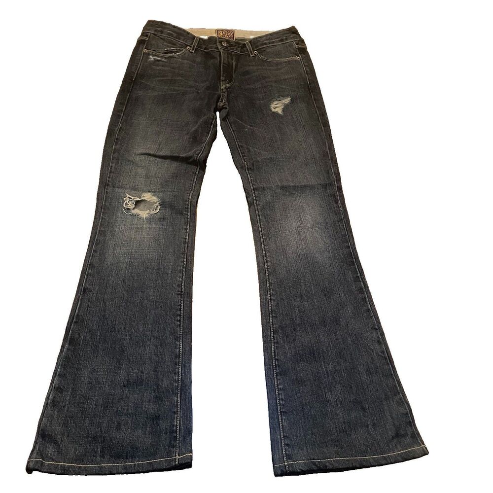 Vintage Rich & Skinny Distressed Flare Jeans 27 Low Rise Y2K Grunge Dark Wash